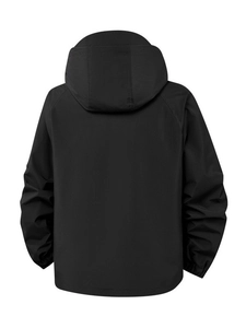 Back view of black hooded waterproof windbreaker with raglan sleeves and matte finish