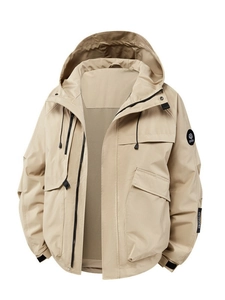 Men's khaki waterproof outdoor hooded jacket with windproof collar and breathable lining