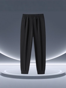 Men's high-elastic black joggers with drawstring waist and quick-dry ice silk fabric