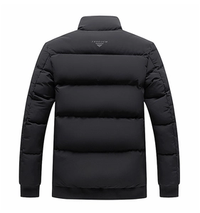 Close-up detail of the black stand-collar puffer jacket back featuring the FRDEOEM logo