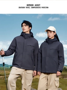 Outdoor couple jacket set showing windproof hood and multiple pockets in nature scene
