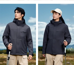 Outdoor waterproof 3-in-1 jacket detail with zip chest pocket and adjustable velcro cuffs
