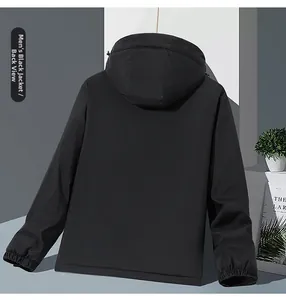 Rear view of black waterproof outdoor hooded jacket for men with ribbed elastic cuffs