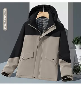 Detail of waterproof outdoor jacket with high-neck hood and contrast pocket design