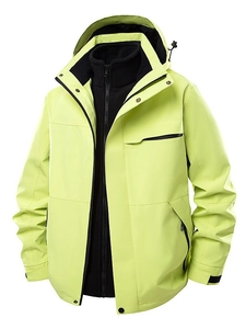 Three-in-one outdoor hooded jacket in bright green with windproof design and multi-pockets