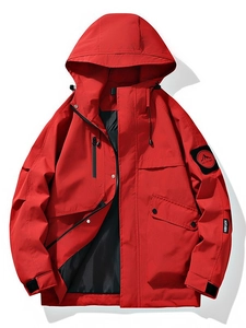 Red hooded windbreaker jacket with multi-pocket cargo design and outdoor patchwork style