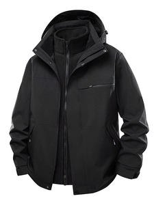 Three-in-one black outdoor hooded jacket set with waterproof shell and warm fleece liner