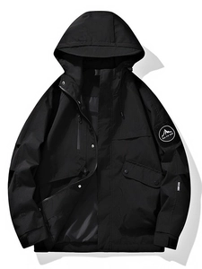 Men's matte black hooded tactical techwear jacket with multi-pocket utility design