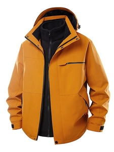 Three-in-one outdoor hooded jacket in ginger yellow and black fleece lining for hiking