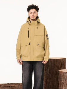 Men's khaki outdoor hooded jacket with multi-pockets and windproof fabric for spring