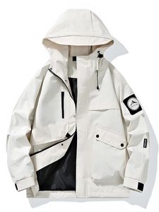 Off-white hooded windbreaker jacket with multi-pockets and classic utility style design