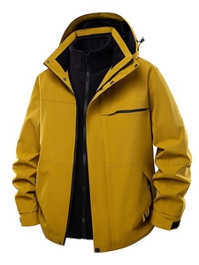 Three-in-one outdoor jacket with ginger windproof shell and black fleece liner for hiking