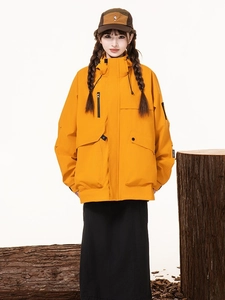 Men's mustard yellow hooded outdoor windbreaker with multi-pocket utility design
