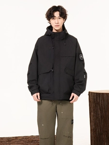 Men's outdoor hooded jacket in black cargo style with windproof fabric on white background