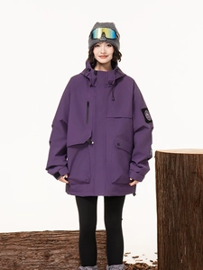 Purple hooded outdoor ski jacket for women with multiple zipper pockets and adjustable cuffs