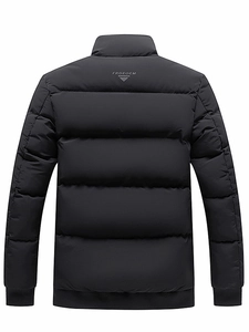 Men's winter thick black quilted puffer jacket with stand collar and back logo design