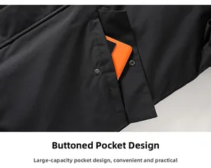 Close-up of windproof jacket showing large capacity side pocket with button flap closure