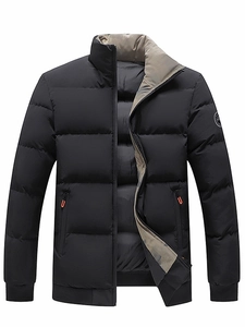 Men's black winter puffer jacket with stand collar and orange zipper details