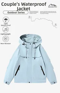 Détail du coupe-vent à capuche bleu clair montrant le tissu déperlant et léger