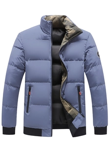 Men's thickened stand collar jacket in grey blue with camo lining and zip pockets