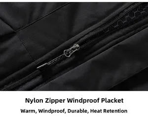 Detailed close-up of nylon zipper and windproof placket on a warm winter outdoor jacket
