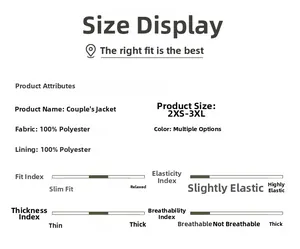 Größentabelle und Materialdetails für diese atmungsaktive Polyester-Outdoor-Jacke