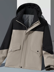 Outdoor hooded jacket with contrast color splicing, waterproof and windproof protection