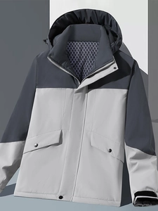 Waterproof outdoor hooded jacket in gray and navy blue with warm thermal lining