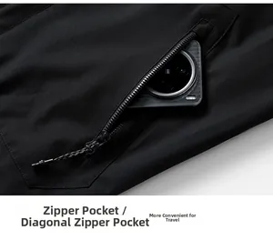 Détail d'une veste imperméable noire montrant une poche zippée avec un smartphone à l'intérieur
