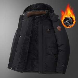 Men's winter heavy fleece jacket in black with thermal insulation and hood