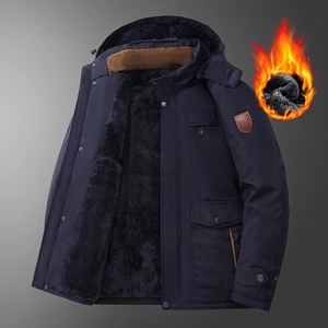 Men's heavy winter parka in navy blue with thick black faux lamb wool lining and hood
