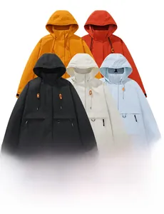Close-up of windproof hooded jackets with utility pockets and adjustable velcro cuffs
