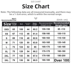 Detailed size guide table for waterproof outdoor hiking jacket with precise measurements