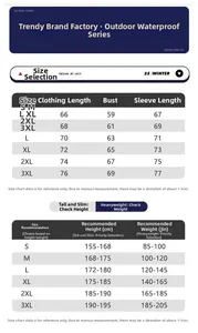 Detailed size chart for outdoor waterproof jacket including length and weight suggestions