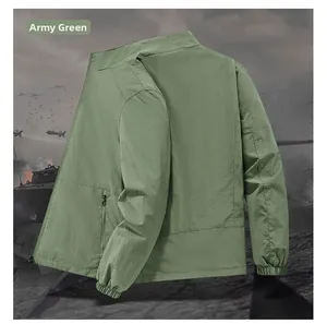 Dettagli della giacca a vento da uomo verde militare con collo alto e tasche con zip