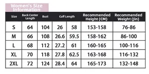 Größentabelle für beheizbare Damenjacke mit Maßen von S bis 2XL für perfekte Passform