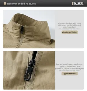 Dettaglio della giacca outdoor kaki con collo alto antivento e robusto tirante della zip