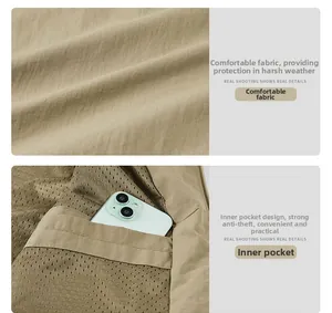 Dettaglio della giacca kaki con tessuto liscio e tasca interna a rete per lo smartphone