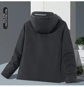 Rückansicht der beheizbaren Herrenjacke in Schwarz mit Kapuze und Silberreflexstreifen