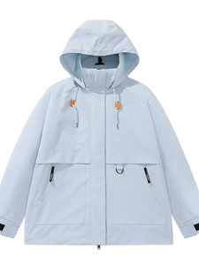 Light blue hooded windbreaker jacket with adjustable drawstrings and utility pockets