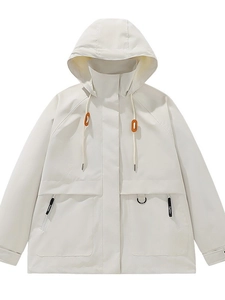 Off-white hooded windbreaker jacket with adjustable drawstrings and functional pockets