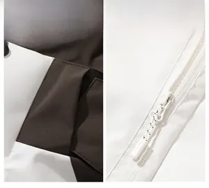 Detail of outdoor jacket showing detachable hood design and windproof fabric texture