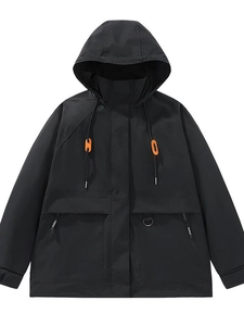 Men's black outdoor hooded tactical jacket with orange drawstring accents and zip pockets