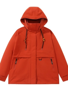 Outdoor mountain-style orange hooded cargo jacket with waterproof zippers for hiking