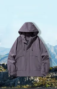 Detail view of a waterproof hooded jacket in dark purple with adjustable drawstrings
