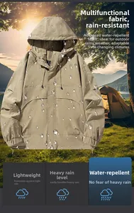 Detail of khaki outdoor hooded jacket showing waterproof fabric tech and utility pockets