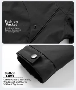 Detail of outdoor jacket showing functional zipper pockets and adjustable button cuffs