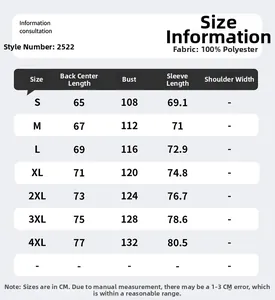 Detailed size chart for men's outdoor jacket showing measurements from S to 4XL