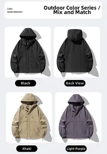 Detailed grid view of waterproof outdoor jackets in black, khaki, and light purple options