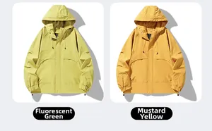 Dual-view detail of hooded outdoor jackets in vibrant fluorescent green and ginger yellow